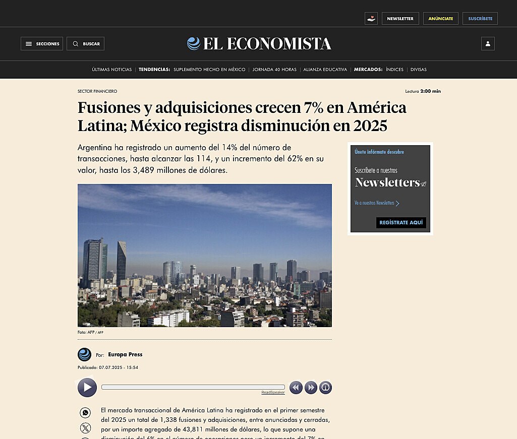 Fusiones y adquisiciones crecen 7% en Am�rica Latina; M�xico registra disminuci�n en 2025